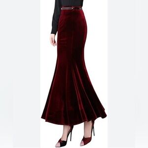 New Red Velvet High Waisted Fishtail Midi Skirt
